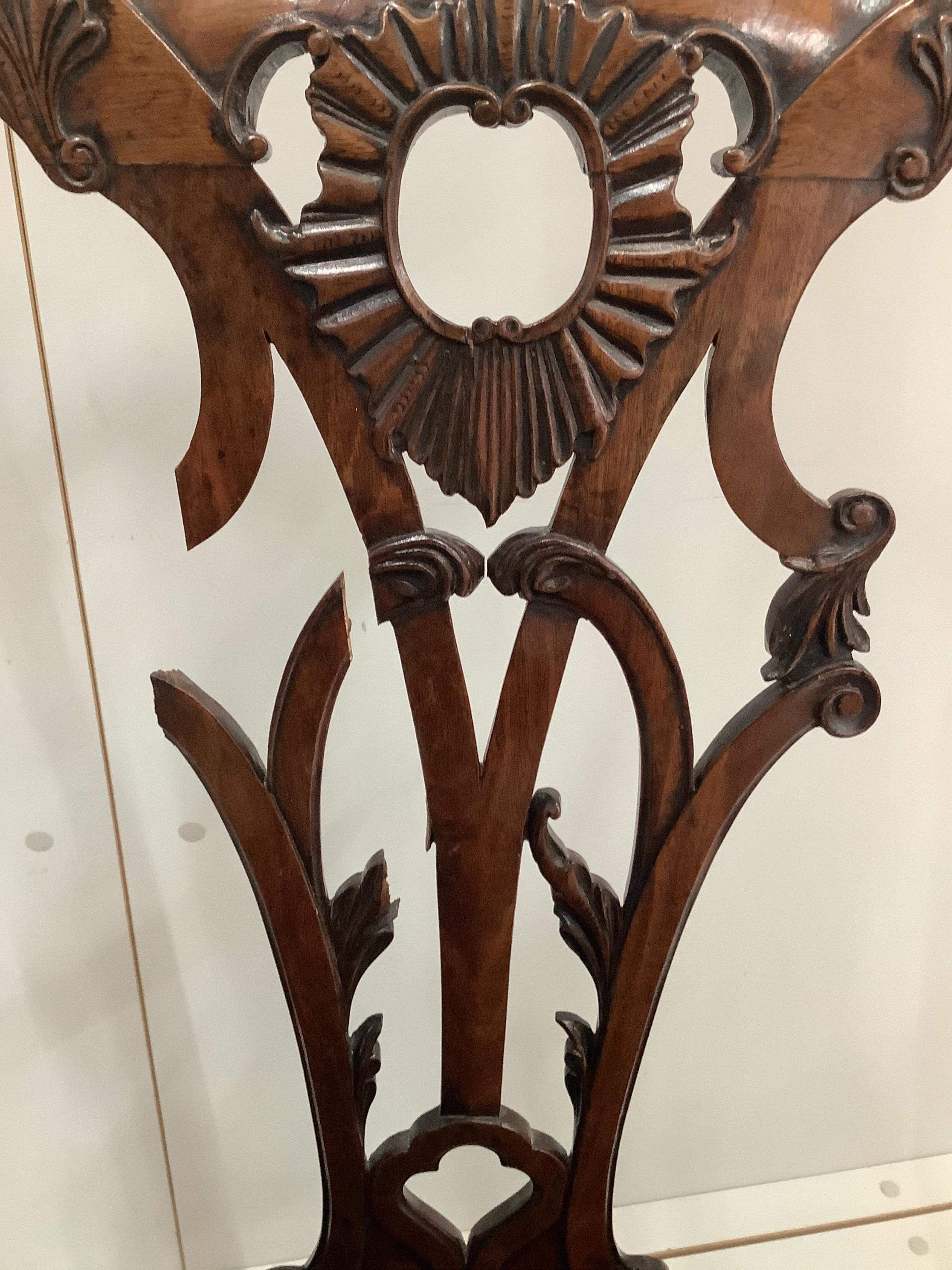 A George III mahogany elbow chair, width 71cm, depth 50cm, height 96cm. Condition - poor. , Provenance: Patrick Sandberg, Kensington and then Bonhams